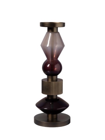 Sfeșnic din sticlă și metal, vișiniu-auriu antichizat, structură sculpturală etajată, finisaj patinat, 37×14 cm, „Astrolab"