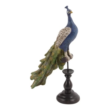 Statuetă decorativă din polirășină, albastru, păun pe bază, finisaj antichizat, 41 x 26 x 11 cm, „Paon”