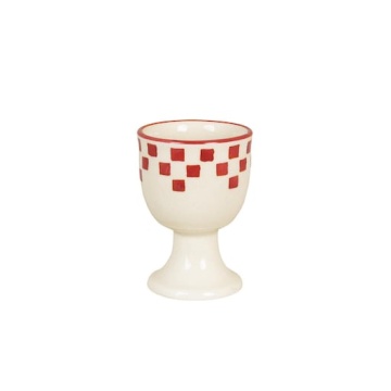 Suport de ou din ceramică artizanală, natur, cu motive în carouri pictate manual roșu și bordură decorativă, 5×7 cm, „Marion"
