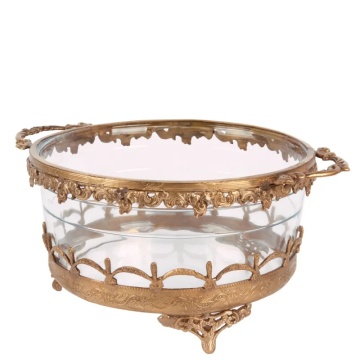 Suport lumânare din alamă și sticlă decorată manual, auriu, cu două mânere sculptate și margine ornamentată, finisaj patinat, 14 x 15 cm, „Héloïse”
