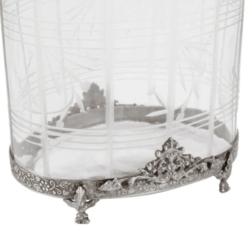 Suport lumânare din sticlă decorată manual și alamă, argintiu, oval, cu mânere și margine ornamentată, finisaj antichizat, 19 x 15 cm, „Bérangère” - Img 3
