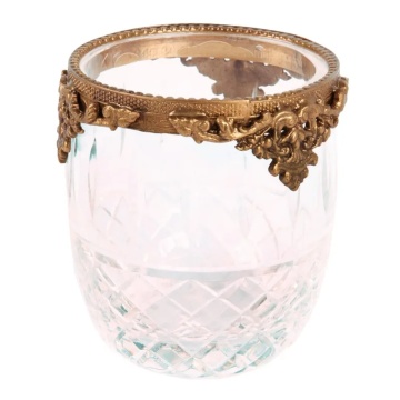 Suport lumânare pastilă din sticlă decorată manual și alamă, auriu, cu margine ornamentată, aspect vintage, finisaj antichizat, 10 x 9 cm, „Rosalie”