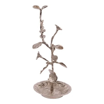 Suport pentru bijuterii din alamă, argintiu, în formă de ramură cu flori și tăviță rotundă, finisaj nichelat, 25 x 11 cm, „Bijoutière - Img 4
