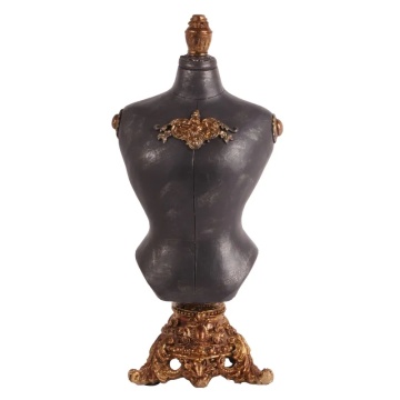 Suport pentru bijuterii din polirășină, negru, bust de manechin pe soclu baroc auriu, detalii lucrate manual, finisaj antichizat, 45 x 22 x 18 cm, „Cabaret”