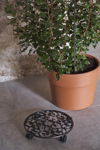 Suport vintage din fontă pentru ghivece, cu roți pivotante, Rhodonea, D31,5 cm - Img 2