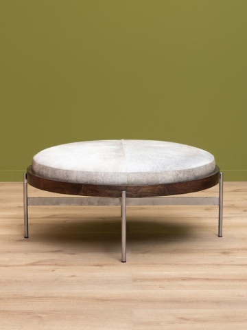Taburet din piele de vacă gri și lemn de mango maro, cu structură din metal, formă rotundă, 42×96 cm, „Hike" - Img 5