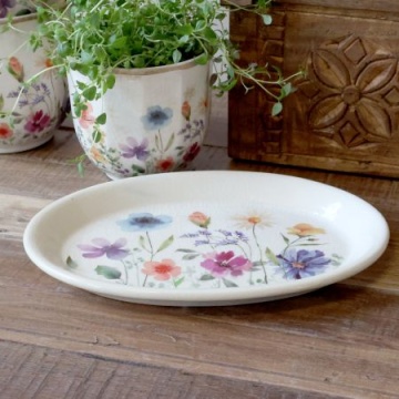 Tavă pentru ghiveci din ceramică cu flori de câmp, crem, H2,5/L25 cm, „Fleurville” - Img 2
