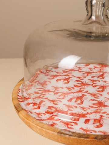 Tava pentru prajituri, din lemn de mango, cu capac din sticla, D30cm, Lobsters - Img 3