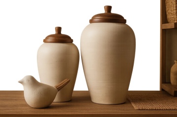 Vază decorativă tip tibor, stil rustic natural, culoare teracotă cu blat natur, din lemn de mango, „Tibor” - Img 2
