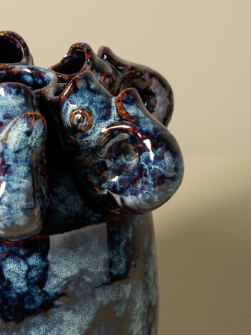 Vază din ceramică cu pești în relief, albastră, mică, cu glazură reactivă, 15 x Ø 17 cm, „Écume” - Img 4