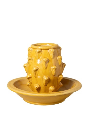 Vază din ceramică galbenă cu farfurie, set 2 piese, cu detalii sculptate în relief, 24 x 30 cm, „Soleil”