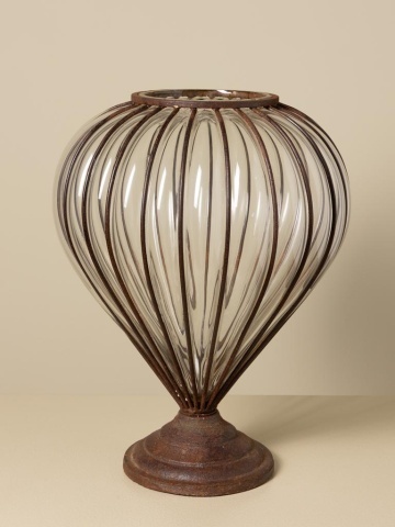 Vază mare din sticlă încrustată cu fier, piriformă, maro, cu efect de rugină și picior rotund, 38 x Ø 28 cm, „Zéphyr” - Img 5