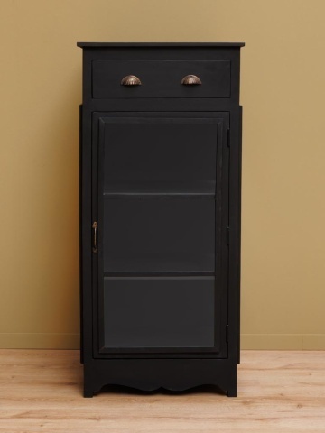 Vitrină mică French Country din lemn masiv de mango, negru, cu 1 ușă vitrată, 3 rafturi, 1 sertar și laterale din sticlă, 140 x 64 x 64 cm, „Majara” - Img 2