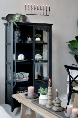 Vitrină vintage din lemn de pin, negru, cu 2 uși vitrate, 3 rafturi și decor sculptat, finisaj antichizat, 170 x 97 x 41 cm, „Sauveterre” - Img 4