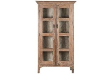 Vitrină vintage din lemn reciclat, natur, cu 2 uși vitrate, 3 rafturi și 8 ochiuri de sticlă, finisaj décapé, 170 x 105 x 45 cm, „Heritage”