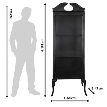 Vitrină vintage din metal, negru, cu 1 ușă vitrată, 2 rafturi din sticlă și coronament arcuit, 181 x 68 x 43 cm, „Noirette” - Img 4