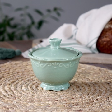 Zaharnița din porțelan verde mentă, H9/D10 cm, model dantelă în relief, „Provence" - Img 2