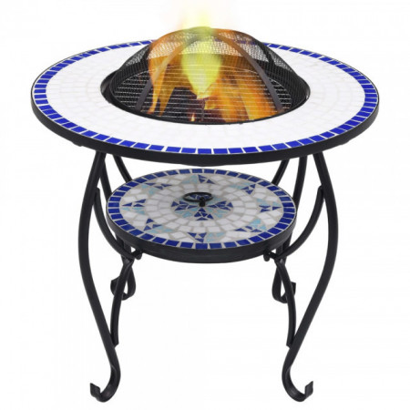 Masa cu vatra de foc, mozaic, albastru si alb, 68 cm, ceramica