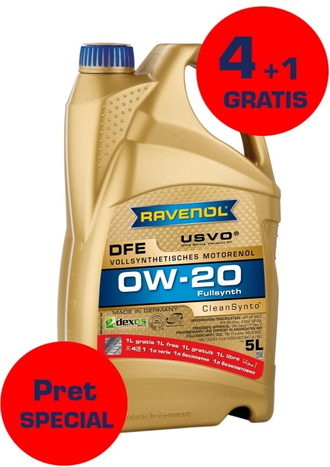 Ulei motor RAVENOL DFE SAE 0W-20 USVO 5 L (la pret de 4L),1111109-005, integral sintetic