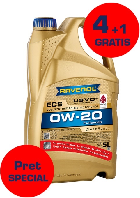 Ulei motor RAVENOL ECS SAE 0W-20 USVO 5 L (la pret de 4L), 1111102-005, integral sintetic