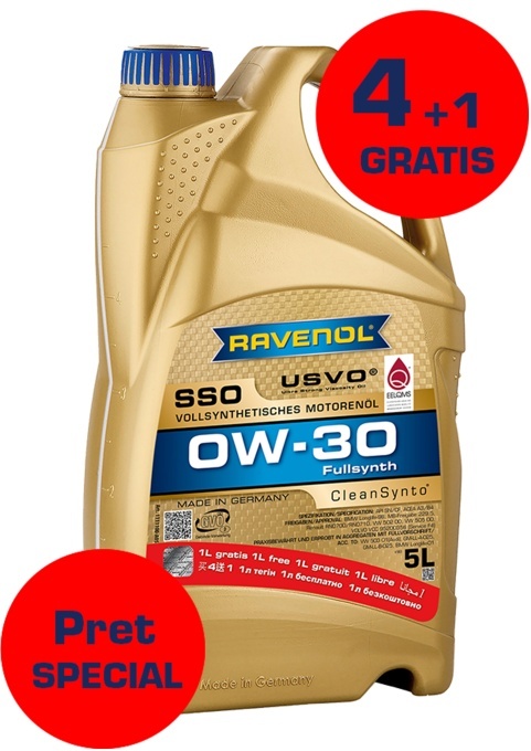 Ulei motor RAVENOL SSO SAE 0W-30 USVO 5 L (la pret de 4L), 1111100-005, integral sintetic