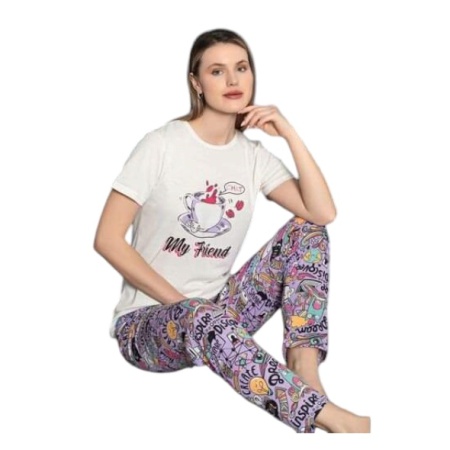 Pijama dama cu maneca scurta si pantaloni lungi model nou cod x5430