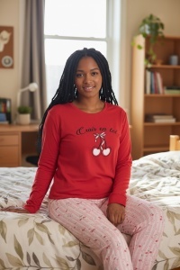 Pijama cu maneca lunga si pantaloni lungi din bumbac pentru dama COD PJ-253