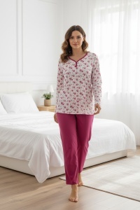 Pijama cu maneca lunga si pantaloni lungi din bumbac pentru dama COD PJ-313