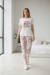 Pijama cu maneca scurta si pantaloni lungi din bumbac pentru dama COD PJ-203