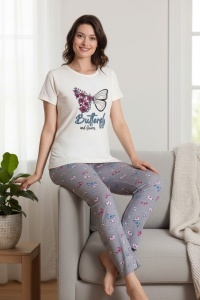Pijama cu maneca scurta si pantaloni lungi din bumbac pentru dama COD PJ-213
