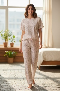 Pijama cu maneca scurta si pantaloni lungi din bumbac pentru dama COD PJ-193