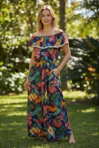 Rochie lunga de vara cu model floral elegant