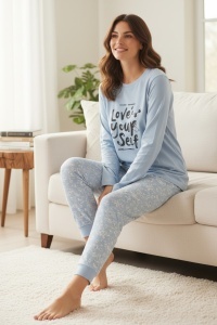 Pijama cu maneca lunga si pantaloni lungi din bumbac pentru dama COD PJ-240