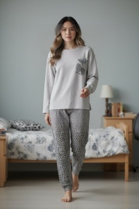 Pijama cu maneca lunga si pantaloni lungi din bumbac pentru dama COD PJ-300
