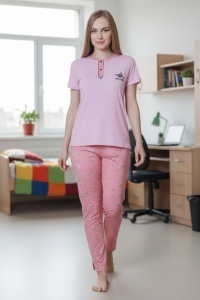 Pijama cu maneca scurta si pantaloni lungi din bumbac pentru dama COD PJ-210