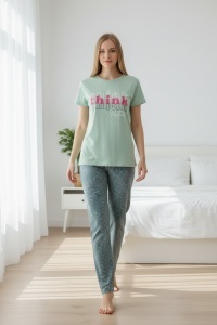 Pijama cu maneca scurta si pantaloni lungi din bumbac pentru dama COD PJ-190