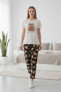 Pijama cu maneca scurta si pantaloni lungi din bumbac pentru dama COD PJ-200