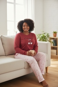 Pijama cu maneca lunga si pantaloni lungi din bumbac pentru dama COD PJ-277