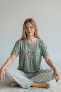 Pijama cu maneca scurta si pantaloni lungi din bumbac pentru dama COD PJ-207