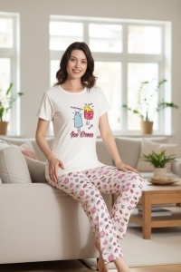 Pijama cu maneca scurta si pantaloni lungi din bumbac pentru dama COD PJ-187