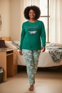 Pijama cu maneca lunga si pantaloni lungi din bumbac pentru dama COD PJ-284