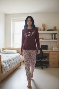 Pijama cu maneca lunga si pantaloni lungi din bumbac pentru dama COD PJ-304