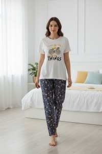 Pijama cu maneca scurta si pantaloni lungi din bumbac pentru dama COD PJ-204