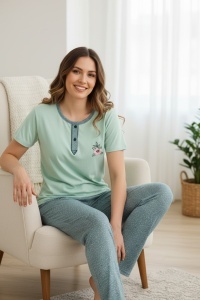 Pijama cu maneca scurta si pantaloni lungi din bumbac pentru dama COD PJ-214