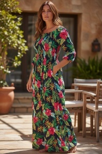 Rochie lunga de vara cu model floral elegant