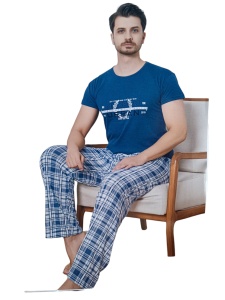 Pijama cu maneca scurta si pantaloni lungi din bumbac pentru barbati COD PJ-095