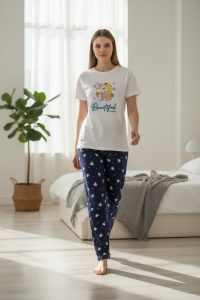 Pijama cu maneca scurta si pantaloni lungi din bumbac pentru dama COD PJ-201