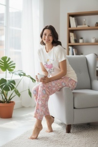 Pijama cu maneca scurta si pantaloni lungi din bumbac pentru dama COD PJ-211