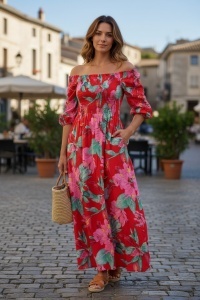 Rochie lunga de vara cu model floral elegant