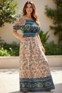Rochie lunga de vara cu model floral elegant